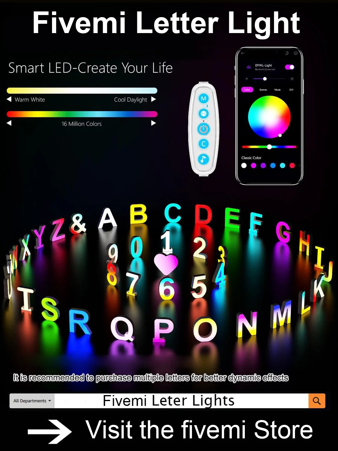 Letters Night Light Smart APP with 128+ Scenes DIY Music Sync Gift Stick Wall for Home Living Room Bedroom Decor Lights Letter C