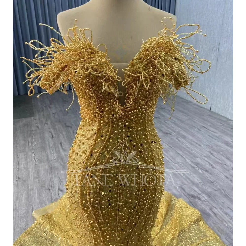 Luxuriöses schulterfreies gelbes Abendkleid mit Pailletten und Kristallperlen, herzförmiger Etui-Stil, maßgeschneiderte Passform, sexy Kleid für besondere Anlässe