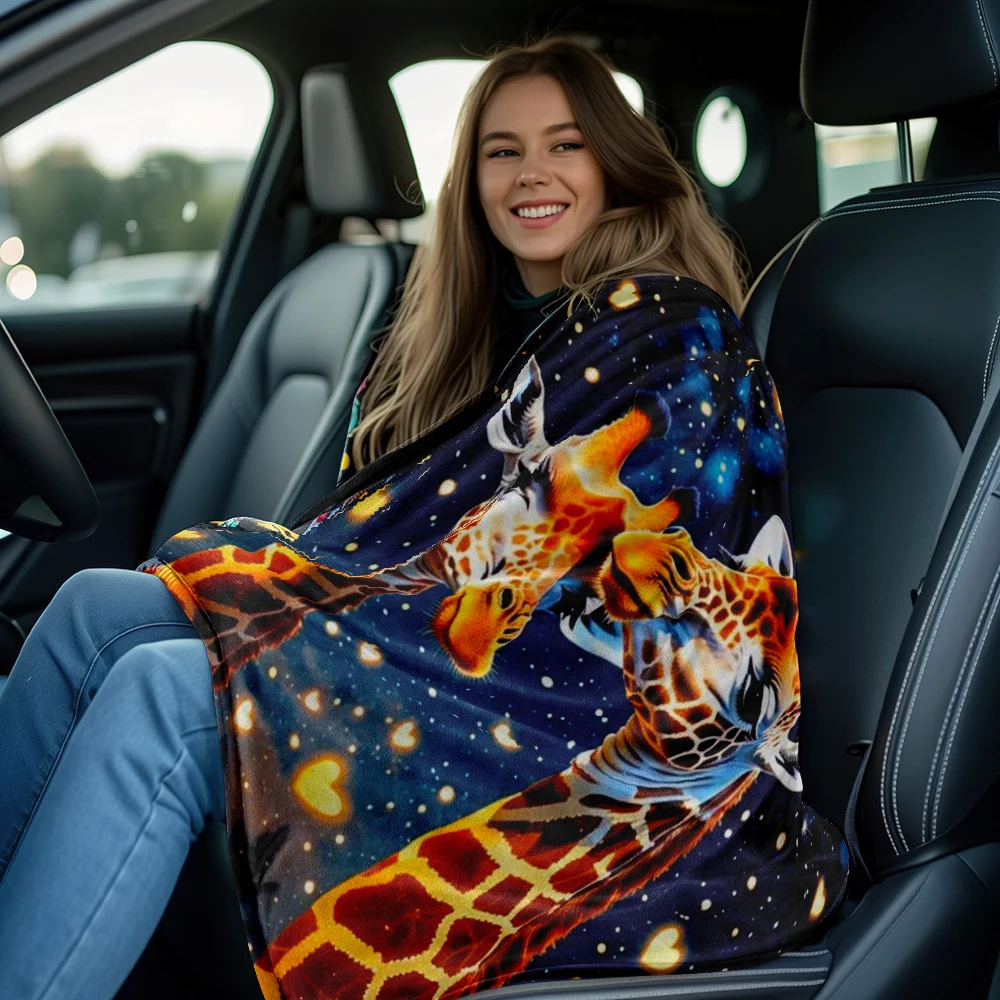1pc Giraffe Couple Love Heart Night Sky Fleece Blanket Romantic Animal Design Soft Plush Throw for Bedroom