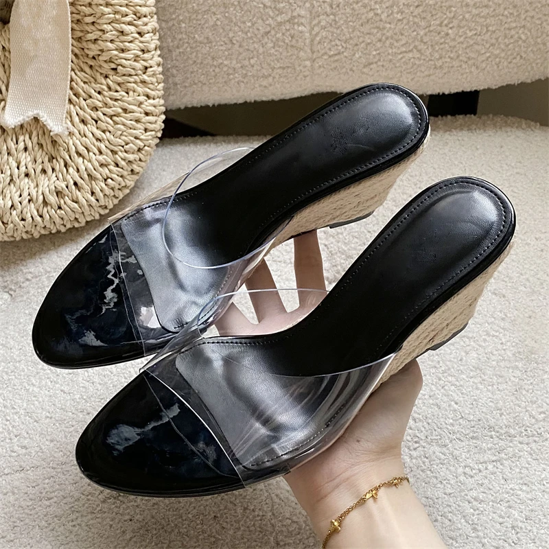 

Aneikeh Fashion Women Clear PVC Strap Wedge Mules Summer Beach Slip on Sandals Black Round Toe High Heel Slippers