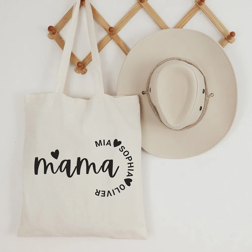 

Lightweight Canvas Tote Bag Personalized Mom Name With Children Names Print Bag For Women Daily Errands Storage Use
