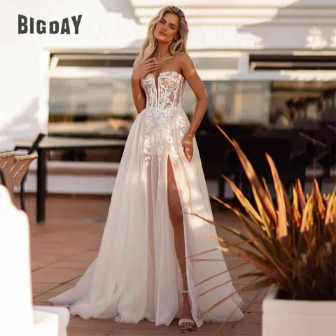 우아한 a 라인 웨딩 드레스 여성 레이스 아가 얇은 명주 그물 오픈 백 슬릿 Strapless 신부 가운 스윕 Vestido De Noiva 맞춤형