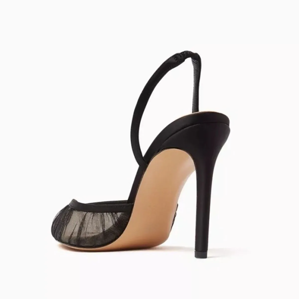 Arden Furtado Summer Black Mesh Pleated Banquet Shoes Pointed to Stilettos heels Back Strap Peep toe Sandals Extra large size
