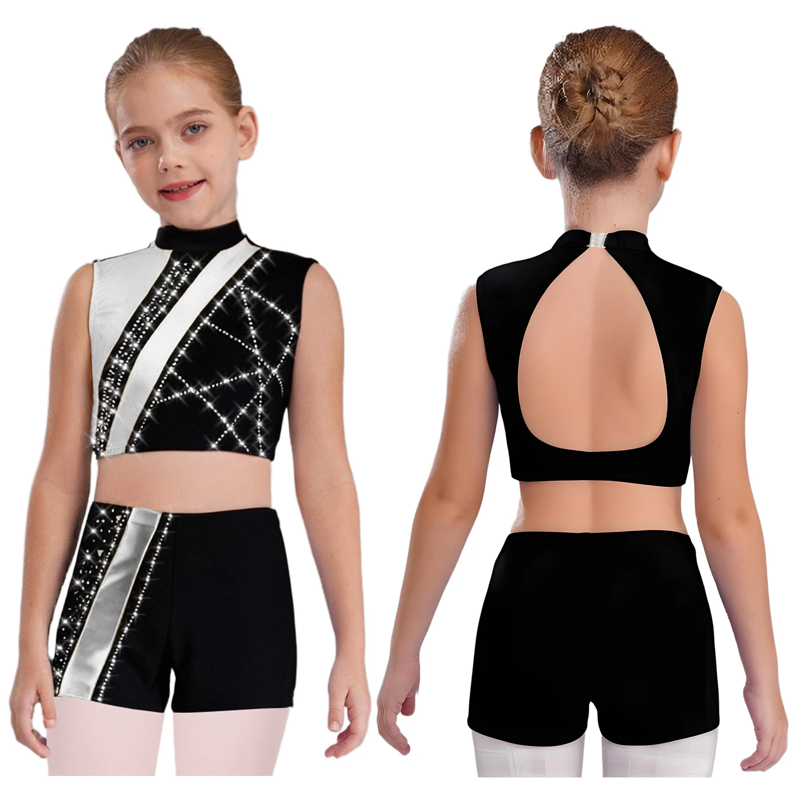 

2 PCS Kids Girls Gymnastics Dance Costume Sleeveless Cutout Back Rhinestones Metallic Color Block Crop Top+Shorts Dancewear Sets