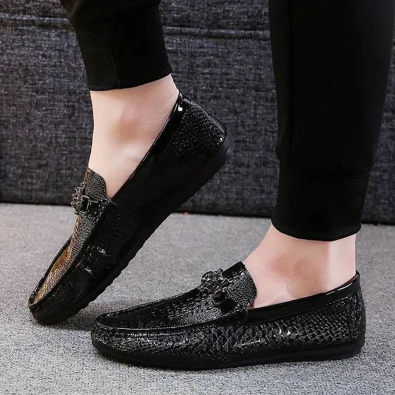 Round Toe Loafers Animal Print Office Moccasin Leather Shoes for Men Soft Flat Man Casual Shoe Classic Original Legitimate Pu