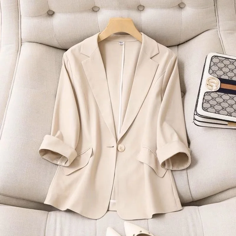 Spring Summer New Style Korean Version Silk Fashion Small Suit Jacket Women Thin Sleeve Seven Button Slim Fit Western Wear