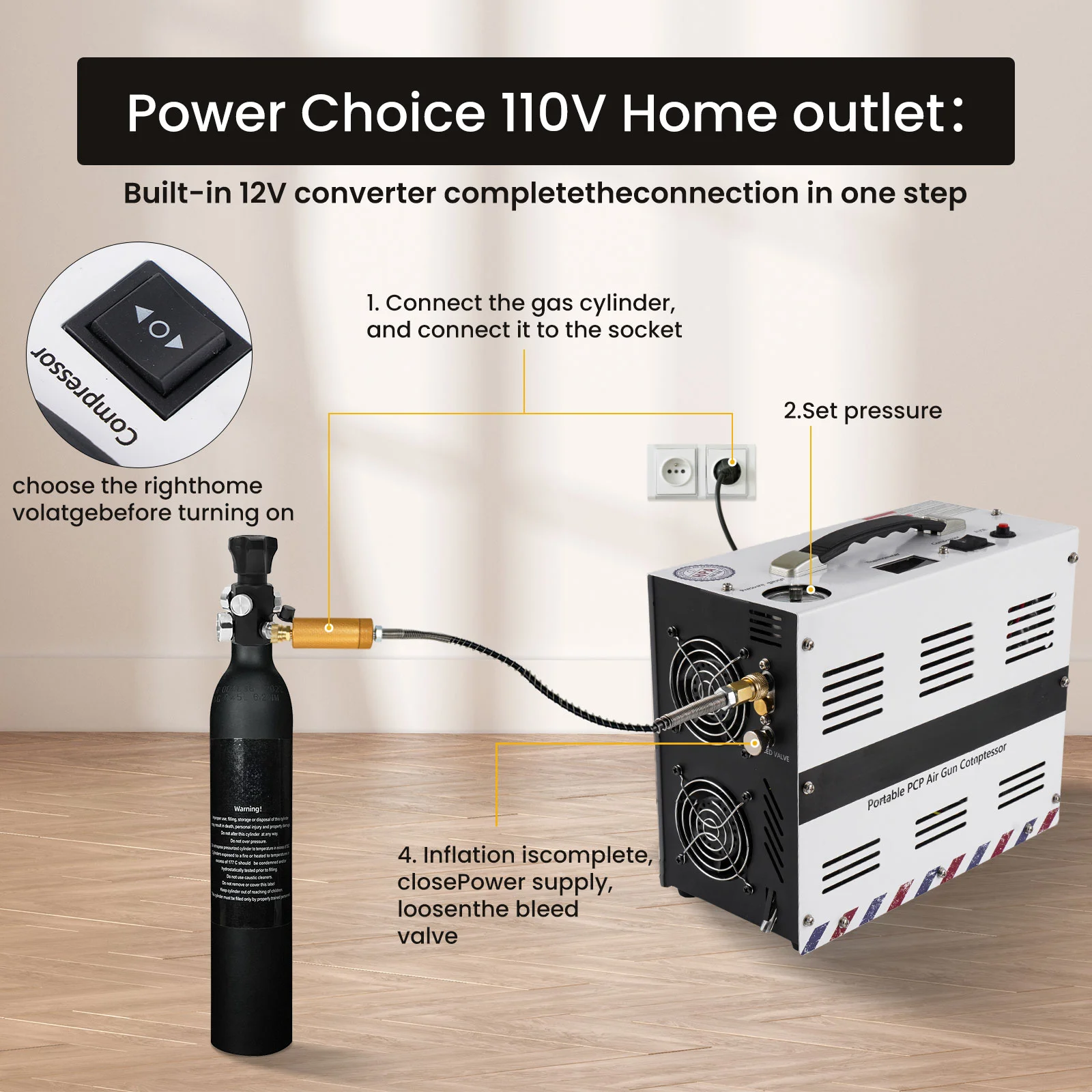 TUDIVING High Quality OEM ODM Convenient 12v 30mpa 300bar 4500psi Auto Stop HPA Hunting Dive Paintball Game PCP Air Compressor