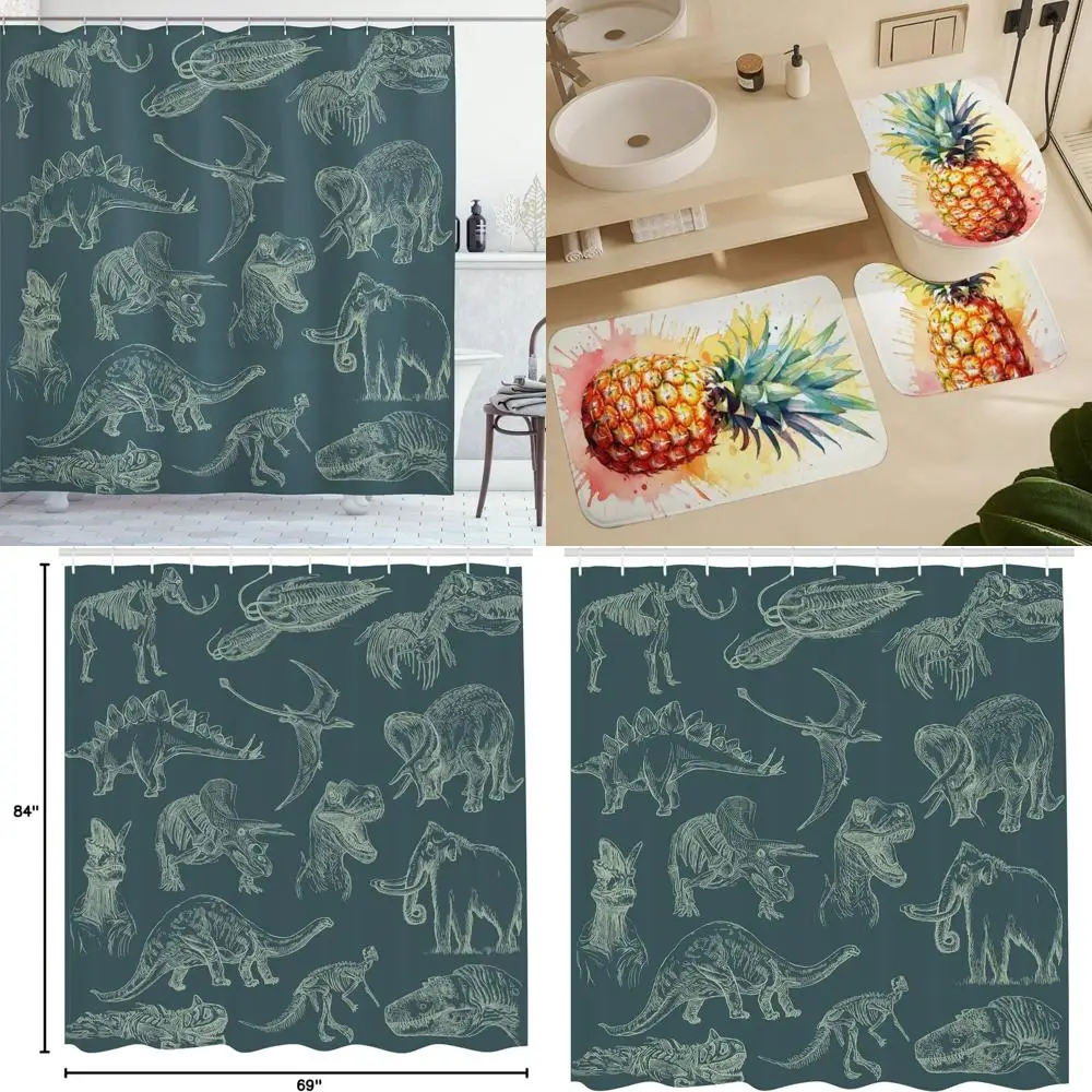

dinosaur-themed shower curtain: assortment of prehistoric skeletons and illustrations on fabric