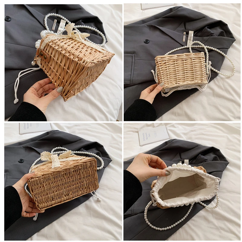 New Women Straw Bags and Handbags Summer Rattan Handmade Tote Bags Ladies RibbonsSummer Beach Basket Bag Pearl Beads Travel Bag