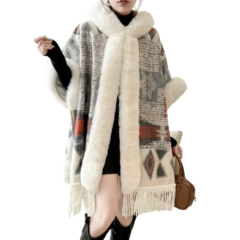 Winter Large Fur Collar Shawl with Thick Velvet Warm Scarf Versatile Coat Plush Cape Shawl Women's Outerwear poncho women cloak