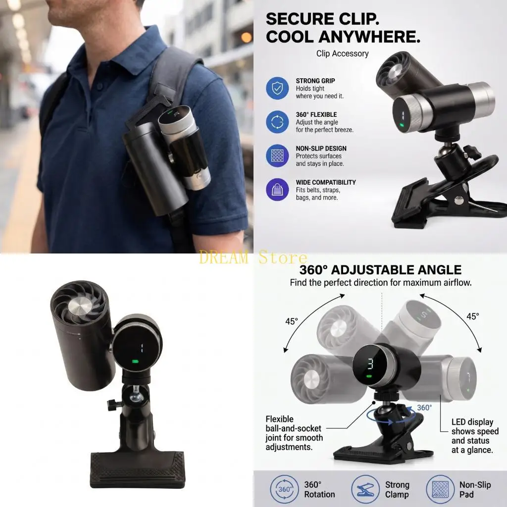 Portable Fan Clip Mount for Shark Fan, Spring Clamp Holder with NonSlip Pad, 360Degree Rotation 45Degree Tilt for Backpacks