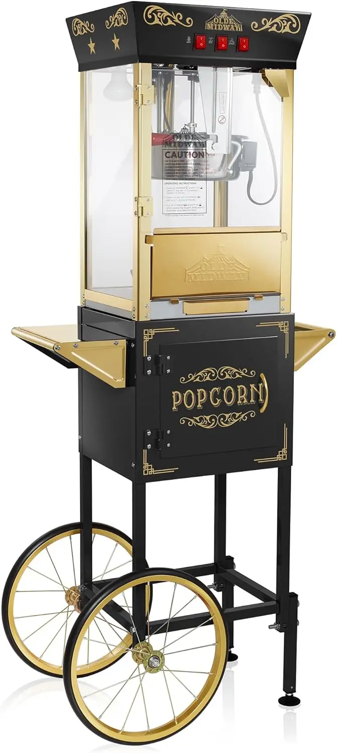 Midway Movie Theater-Style Popcorn Machine Maker with Cart and 8-Ounce Kettle - Black, Vintage-Style Popper on Wheels