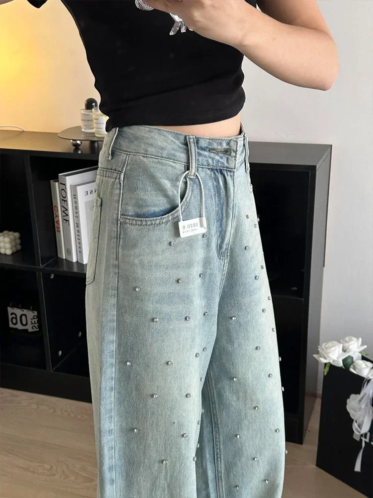 Jeans Spring High Waist Long Pant Women Diamond Bling Fashion Casual Loose Pleated Ladies Trousers Korean Wide Leg Woman Pants