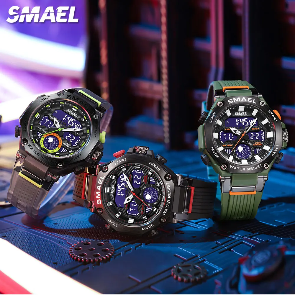 SMAEL-Relógio Masculino Eletrônico, Dual Time Display, Relógio de Pulso Digital com Data Automática, Quartzo Cronógrafo, Relógios LED, Moda, 8069