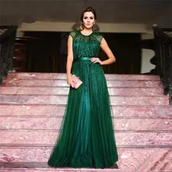 A-line Emerald Green  Prom Evening Dresses Cap Sleeves Slim Belt O-neck Beaded Tulle Floor Length Women Formal Occasion Gowns