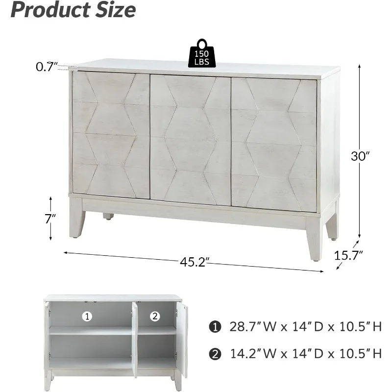 home.Modern Kitchen Buffet Cabinet Storage Sideboard with 3D Geometric Design,  for Living Room Dining Room Hallway, White