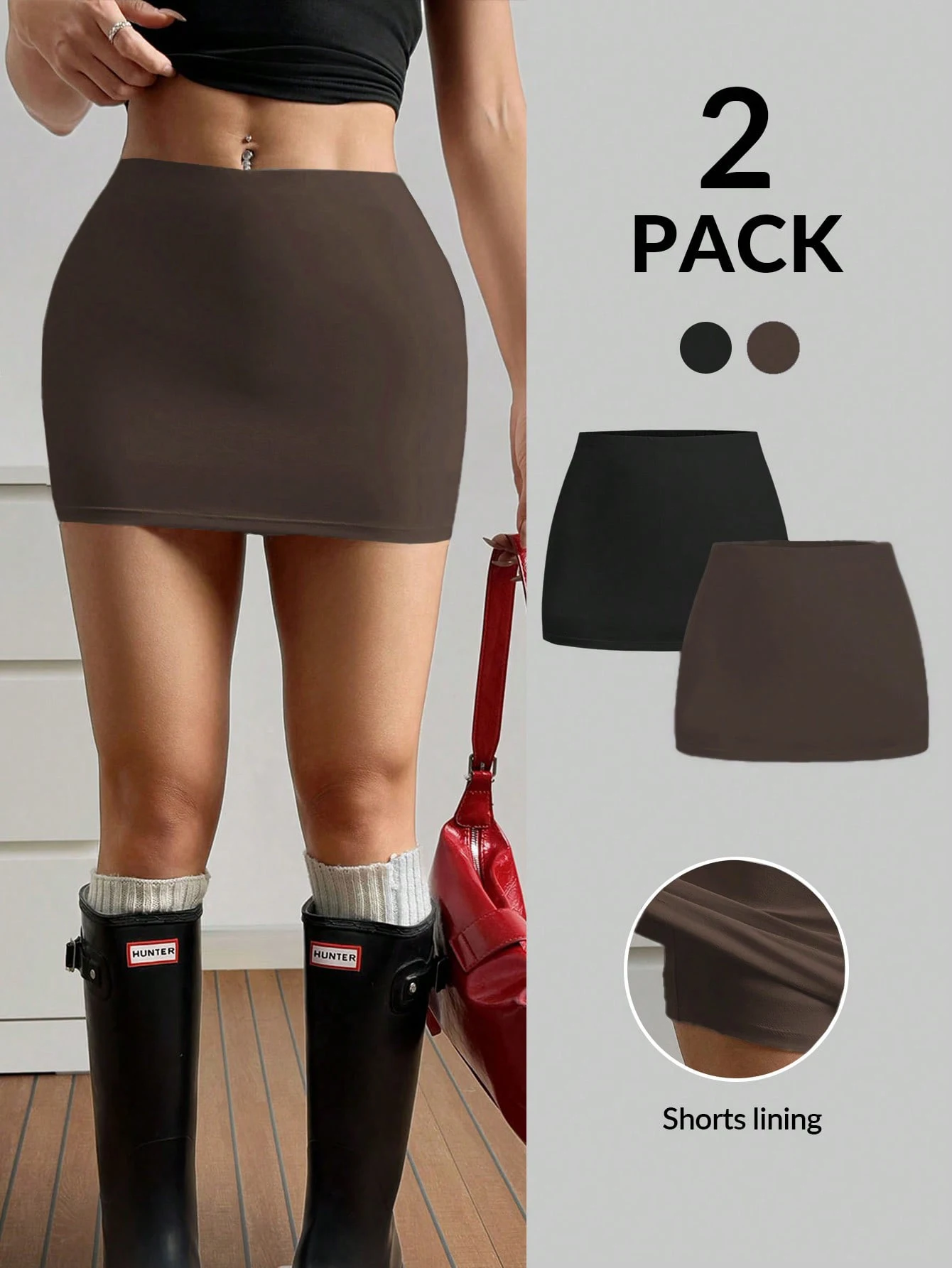 2 Pack Multi-color Women High Waist Bodycon Mini Skirt With Built-in Shorts Lining 2026 Summer Y2K Solid Slim Fit Casual Safety