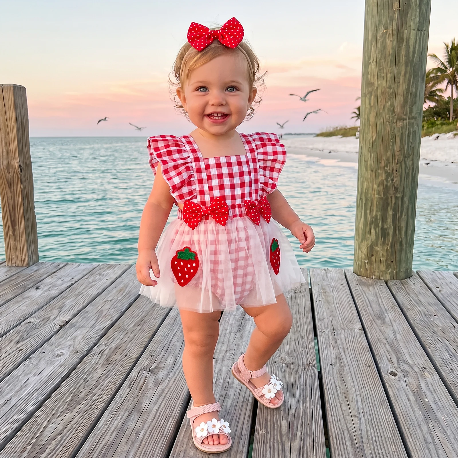 Baby Girl Summer Romper Dress Plaid Flutter Sleeve Square Neck Jumpsuit with Tulle Skirt Hem + Bow Headband