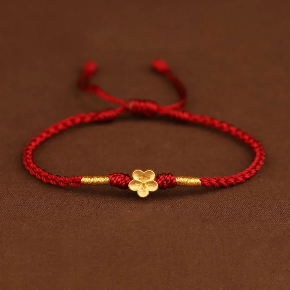 Pure 24K Yellow Gold 3D Flower Bead Red Cord Knitted Bracelet Women Gift