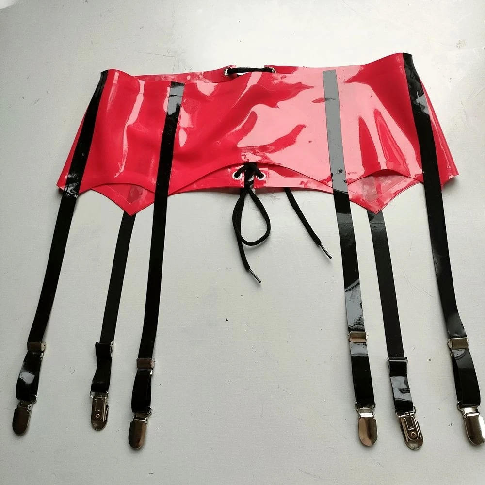 

Natural Latex Women's Underwear Garter Belt Suspender Clip Adjustable Lace-Up Straps Red Tight 0.4mm