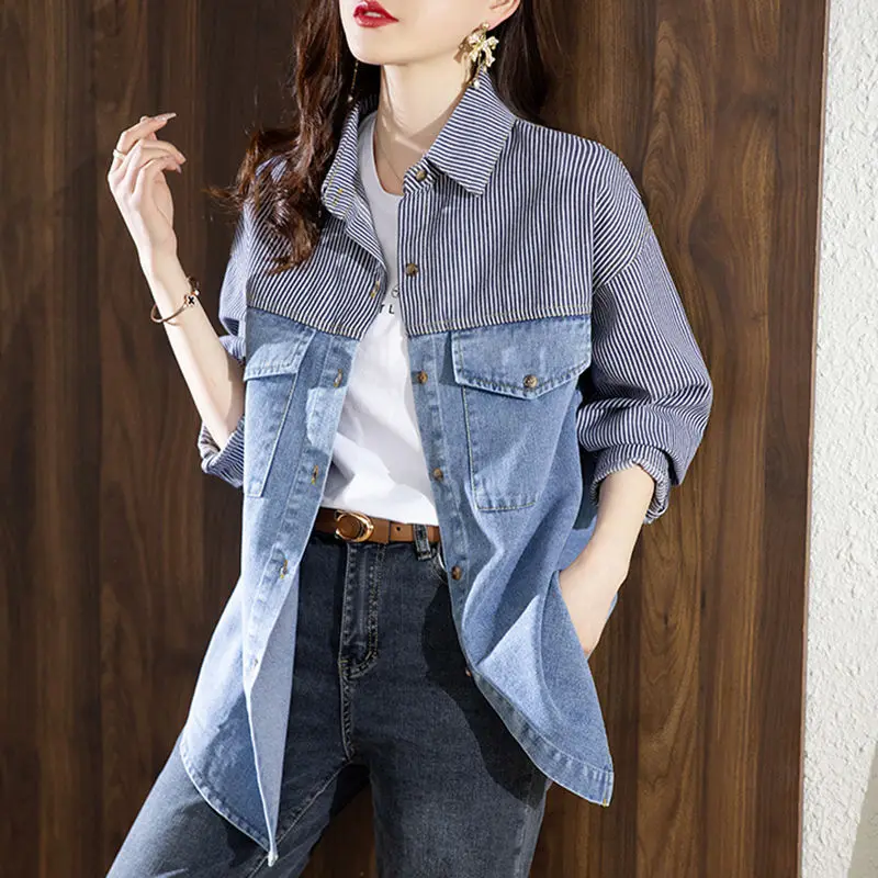 Women's New Best-selling Stylish Fashionable Long Denim Coat, Trendy Striped Shirt Jacket Jackets for Women