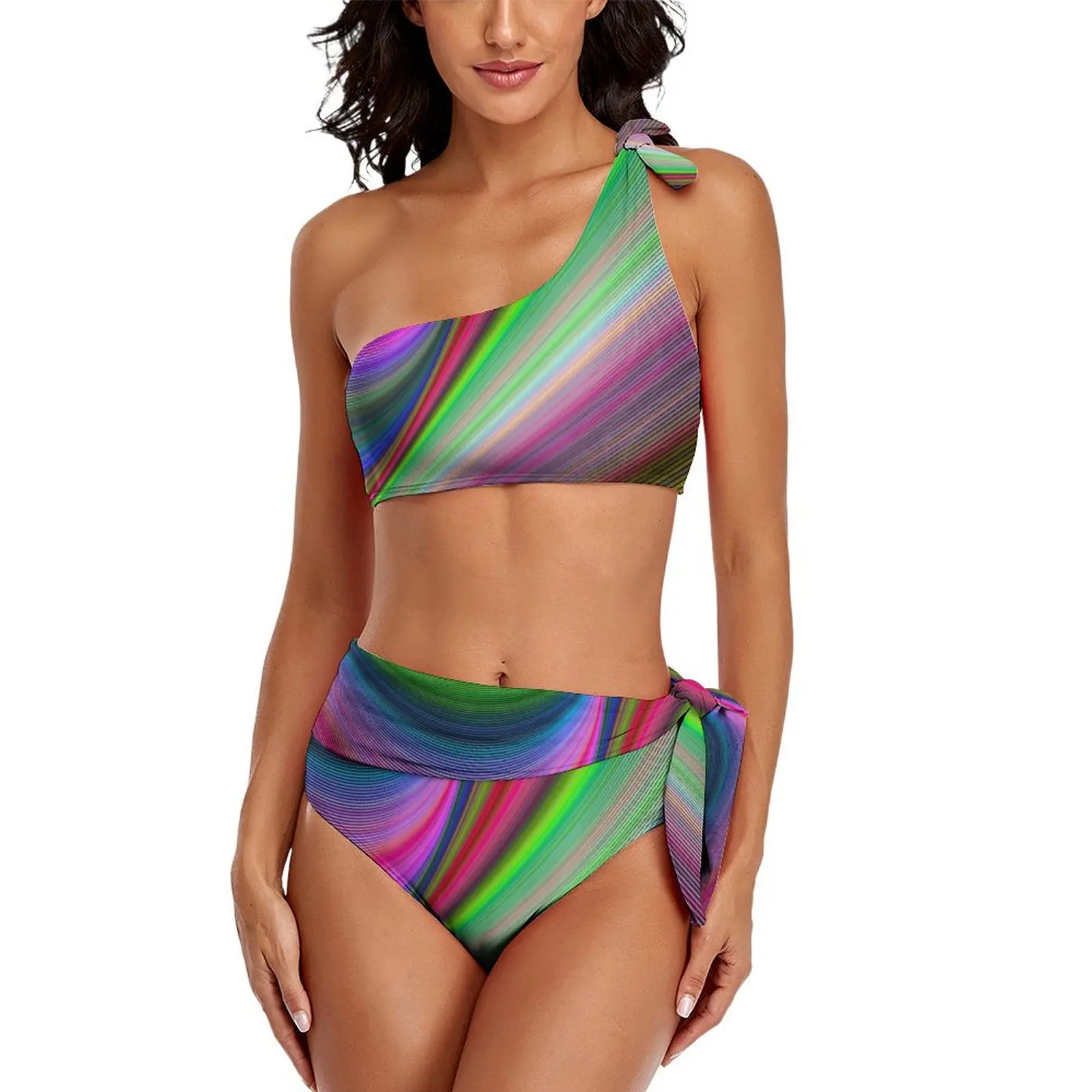 Rainbow Striped Bikini Swimsuit Abstract Art One Shoulder Swimwear Sexy Bikini Set Ladies Push Up Bathing Suit Birthday Gift