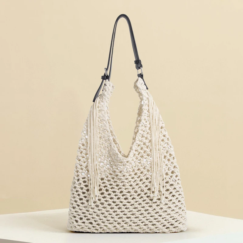 

Богемная пляжная сумка-тоут для женщин, роскошная дизайнерская сумка-кошелек, новинка 2023 года, с кисточкой из полиэстера и внутренним карманом, подмышками на плечо