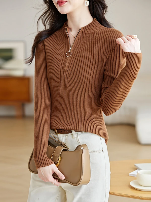 

Ele Zipper Knitted Sweater Long Sve Slim Fit Base Layer ort Top Trendy Outerwear Wool Blend Comfortable Neline