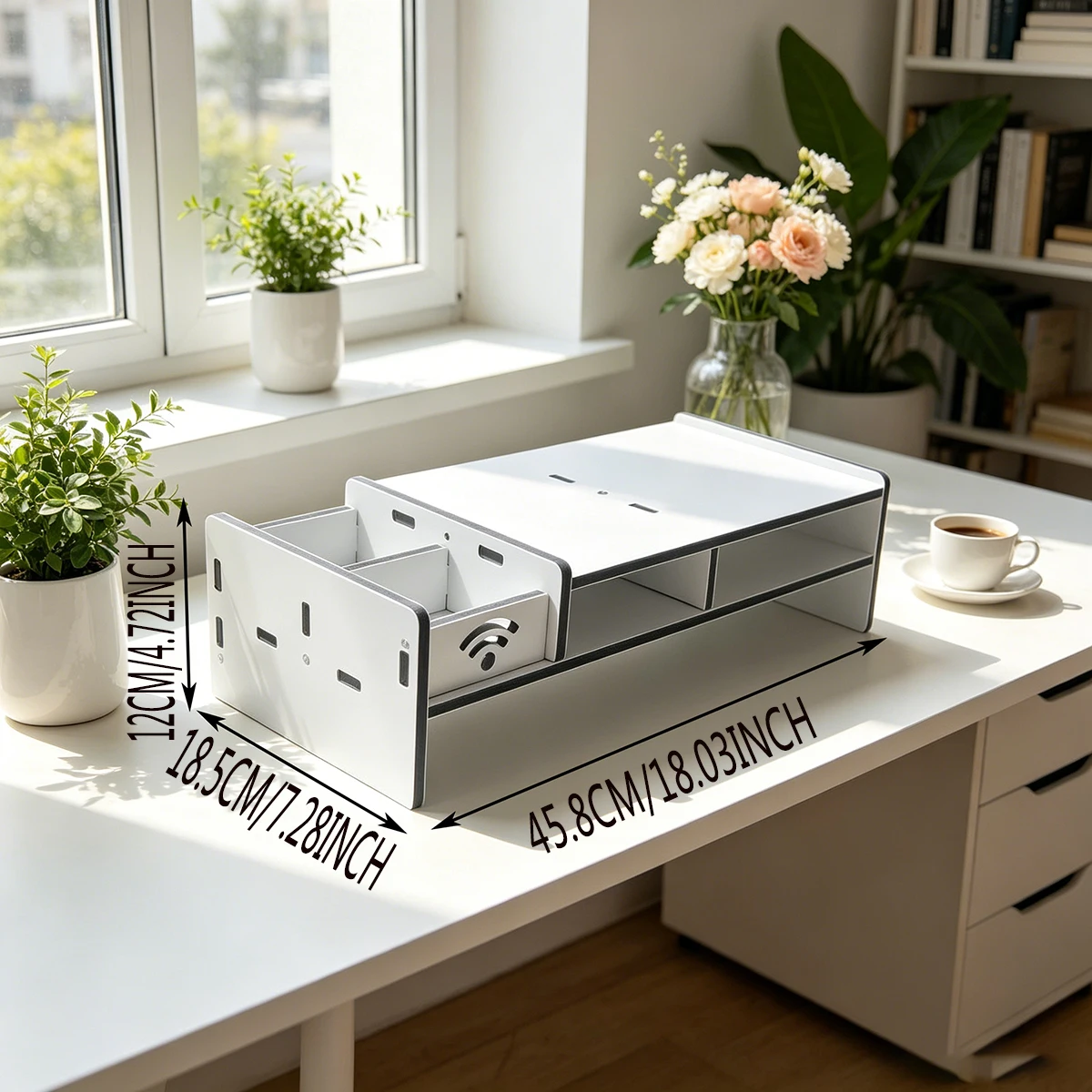 White Modern Computer Monitor Stand Riser with Storage Drawer & WiFi Cutout, Dual-Layer Desk Organizer for Office & Home
