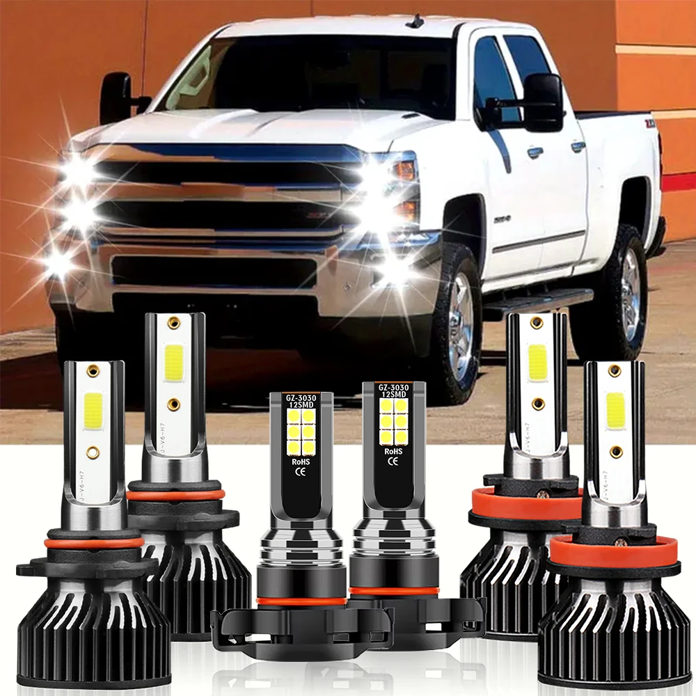 For Chevy Silverado 1500 2500 2007 2008 2009 2010 2011-2015 LED Car Headlight Bulb 18000LM 12V Auto Headlamp Fog Lamp Combo 6PCS