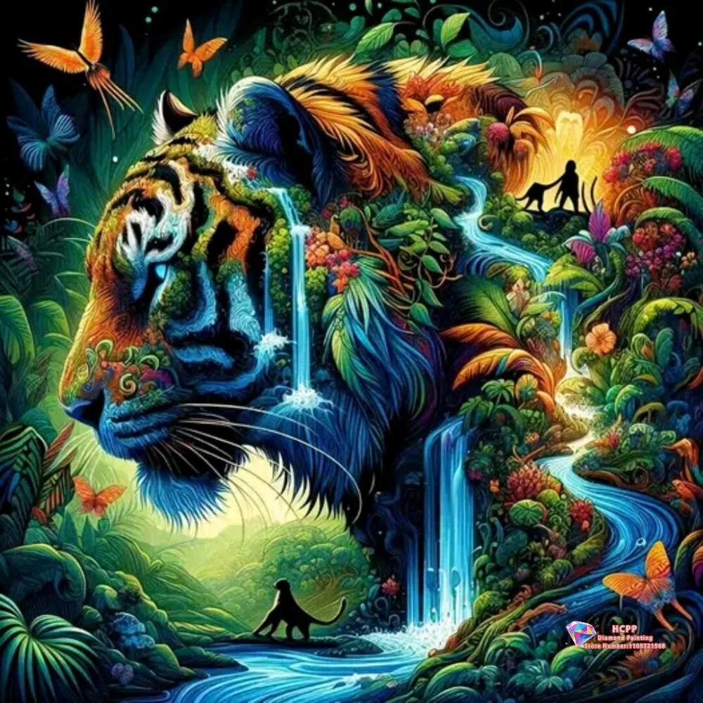 

Fantasy Tiger Head Jungle Waterfall with Silhouettes 5D DIY Diamond Painting Set Square and Round Diamonds Crafts Decor Gifts