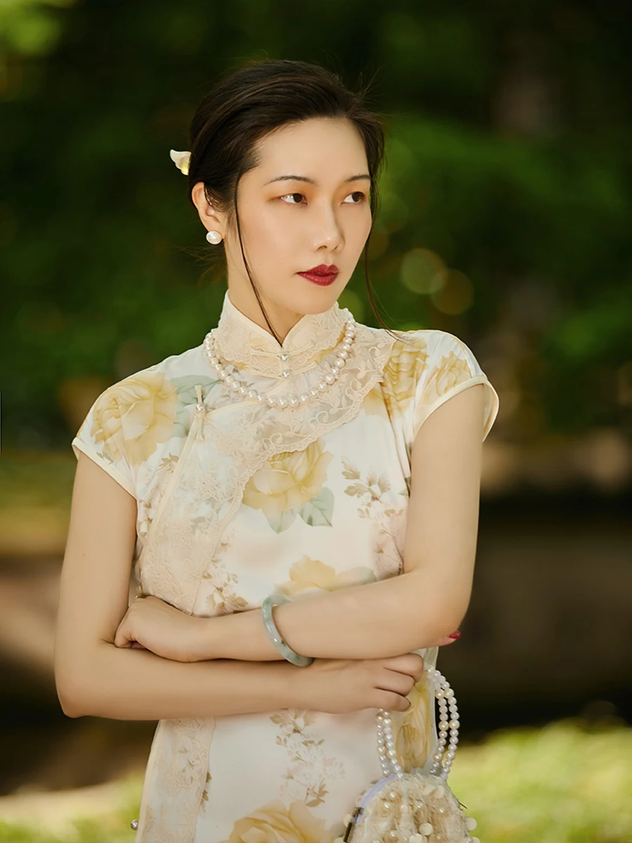 

Top Ulara Summer New Sle Rose Lace Trimmed Vintage Low Slit Daily Fren Long Qipao для женщин в их 20-х годов и...