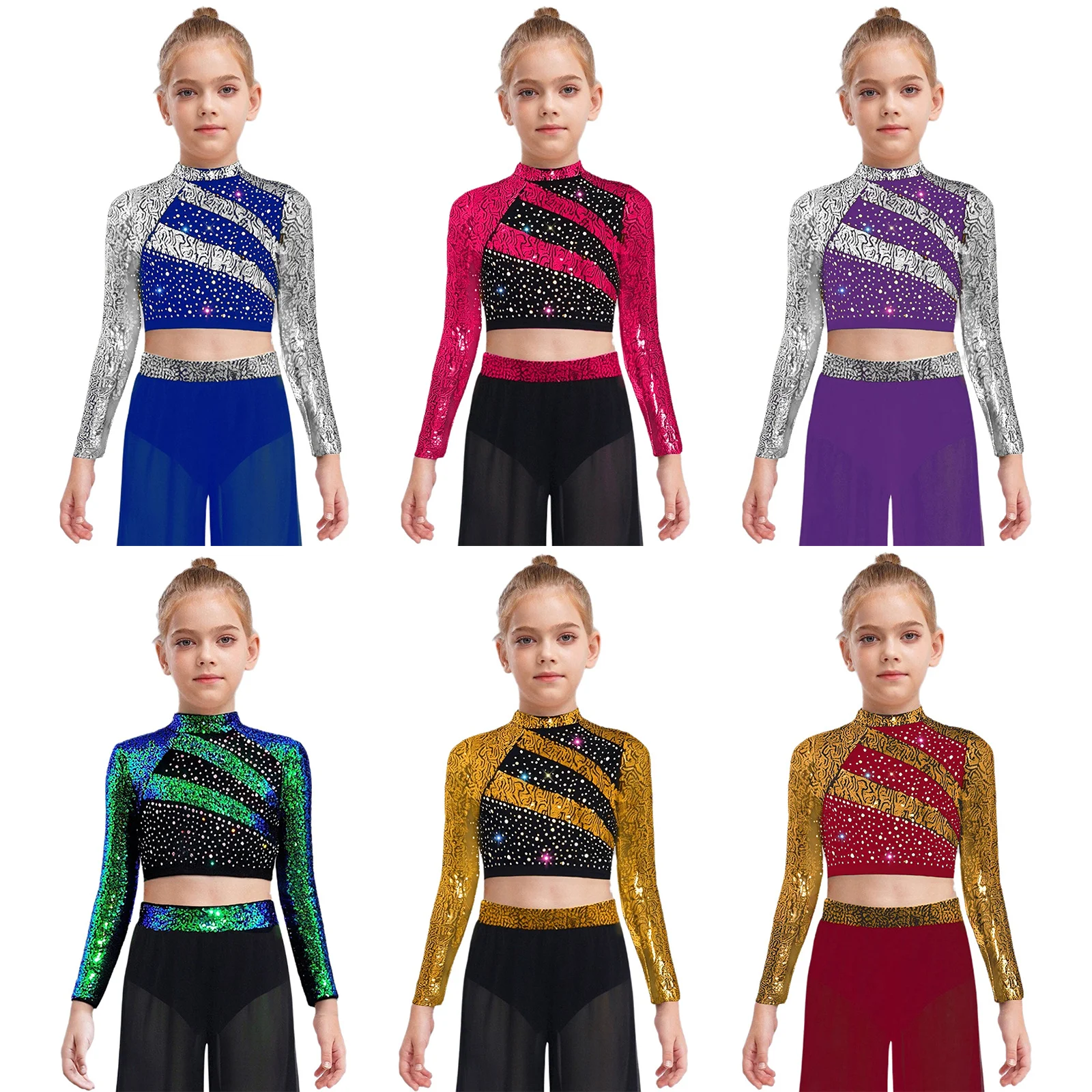 أطفال بنات الجاز الرقص الحديث الأعلى الباليه الشكل التزلج المحاصيل الأعلى طويلة الأكمام وهمية الرقبة سباركلي الترتر قميص لأداء المرحلة