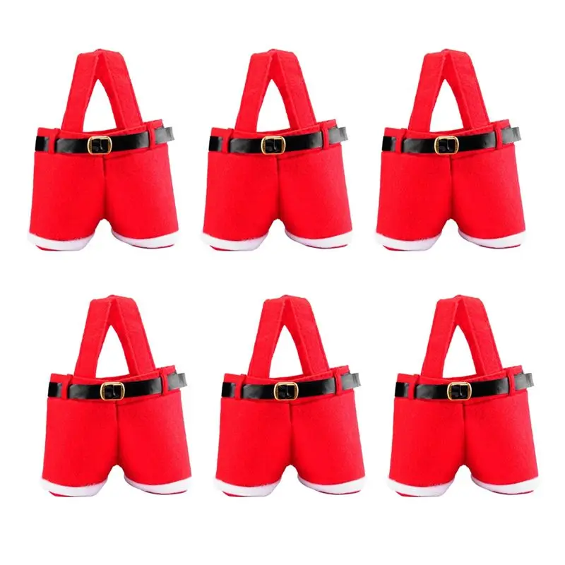 A20F-6PCS Christmas Candy Bag Santa Pants Gift And Treat Bags With Handle Portable Candy Gift Baskets Gift Wrap For Wedding