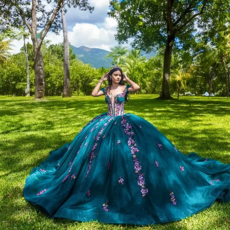 

lake blue Shoulder Quinceanera Dress Lace 3D flower glitter decal vestidos de 15 Quinceanera ﻿Customized