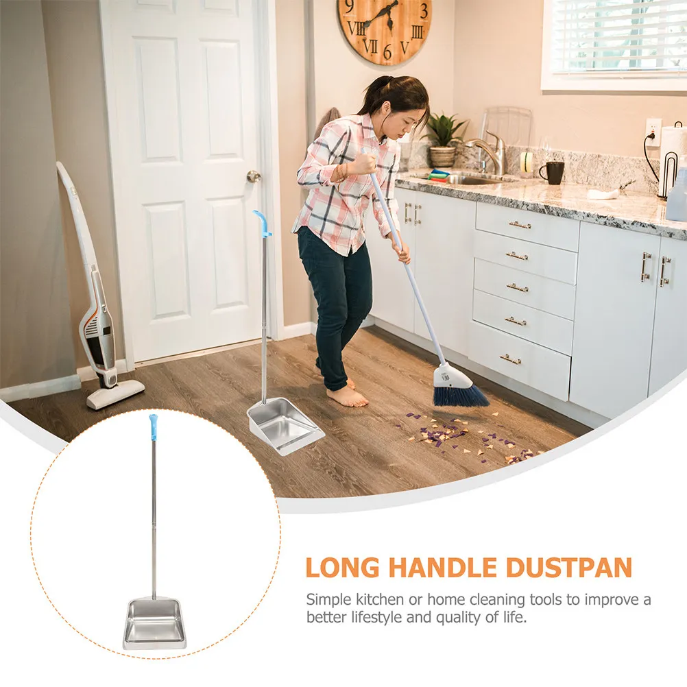 Ergonomic Stainless Steel Dustpan with Extra Long Handle Upright Design Wear Resistant Anti Rust Seamless Sweep for Home Office
