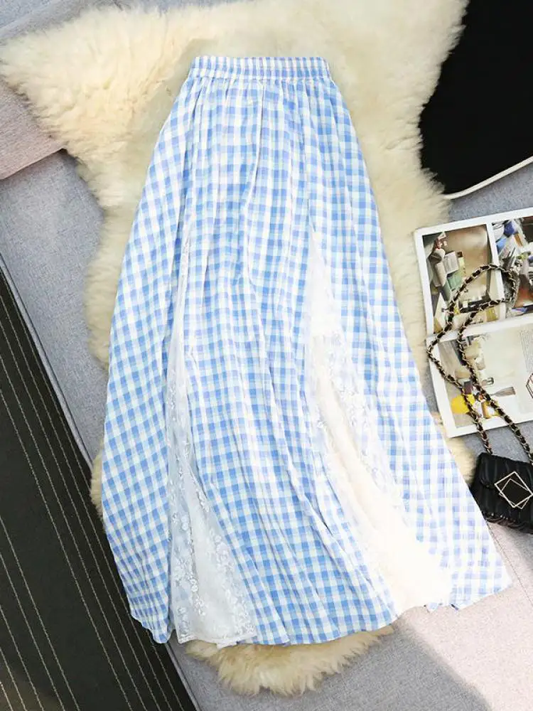 

Vintage Women 2025 Blue Plaid Patchwork Lace Elegant Versatile Skirt Summer Fashion Vacation Party Long Skirt Streetwear Popular