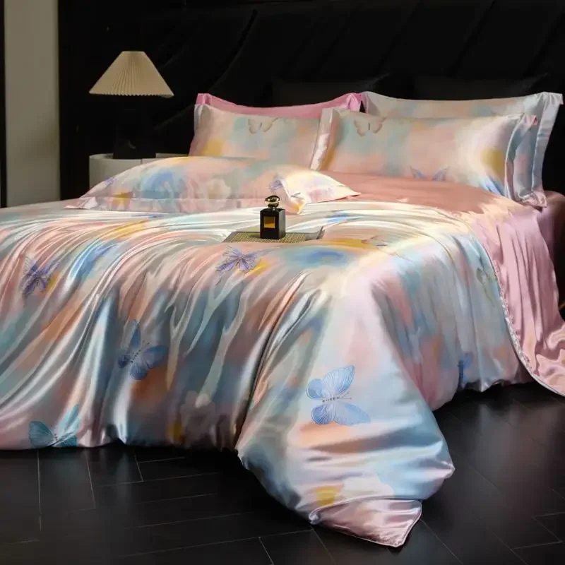 100% Natural Mulberry Silk Fitted Sheet Bedding Sets 3D Printed Satin Cooling Quilt Cover Set for Summer Single Double Bed Kit