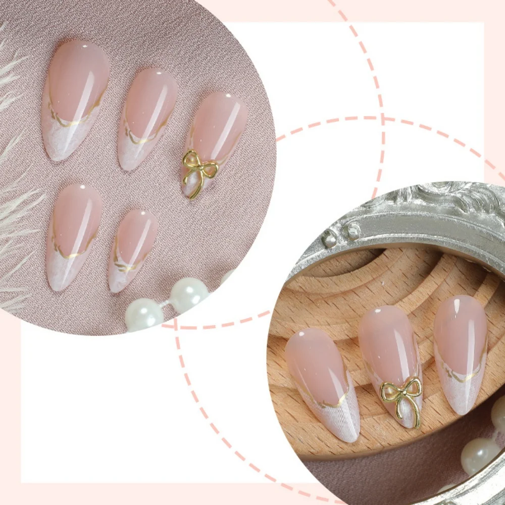 

24Pcs Nude French Press On Nails, Gold Bow Almond Fake Nails, Reusable Full Cover False Nails for Women, Daily Party