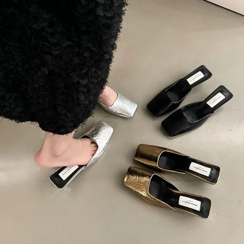 Comemore Women Baotou Half Slippers Fashion Solid Color Mules Thick Heels Square Toe Shallow Shoes Outdoor Casual Slides Female