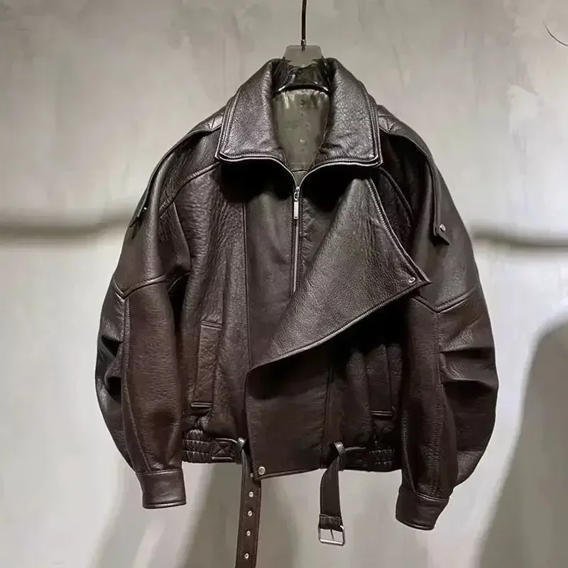 2025 Otoño/Invierno moda chaqueta de cuero negro chaqueta de mujer abrigo casual suelto chaqueta de motocicleta de cuero PU tops para mujer