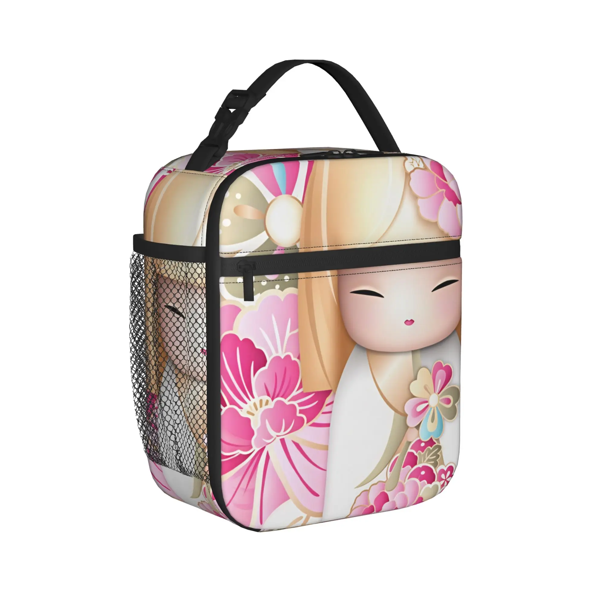 Japanese Girl Sakura Kokeshi Doll Lunch Bag  Office Lunch Box Kawaii Print Tote Food Bags Waterproof Portable Cooler Bag