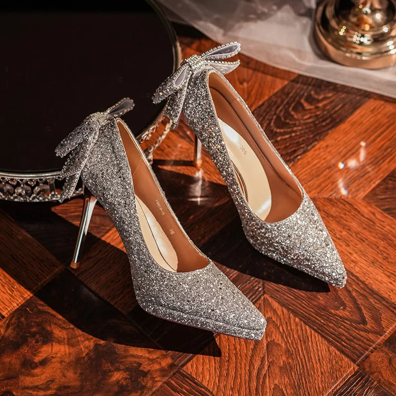 2023 Autumn Luxury Women\'s Shoes Pointed Toe Waterproof Platform Sequins Rhinestone Bow Crystal High Heels Party Wedding Shoes