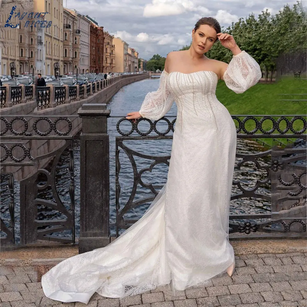 

LAYOUT NICEB Elegant A-Line Strapless Wedding Gowns Simple Three Quarter Puff Sleeves Bride Dresses Back Lace Up robe de mariée