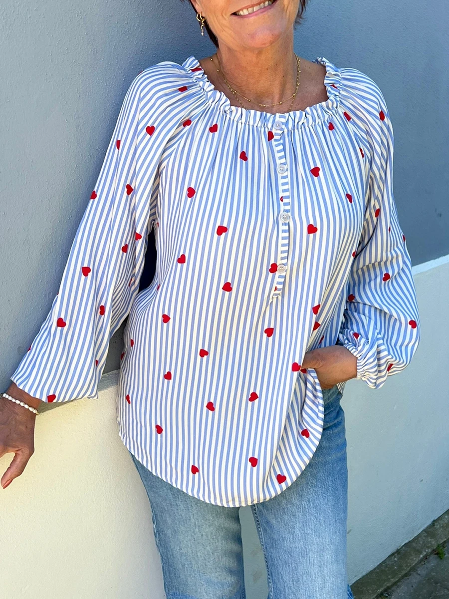 Women’s Fashion Heart Stripes Print Tops Long Sleeve Ruffles Round Neck Loose Buttons Henley Shirts Spring Fall Casual Blouses