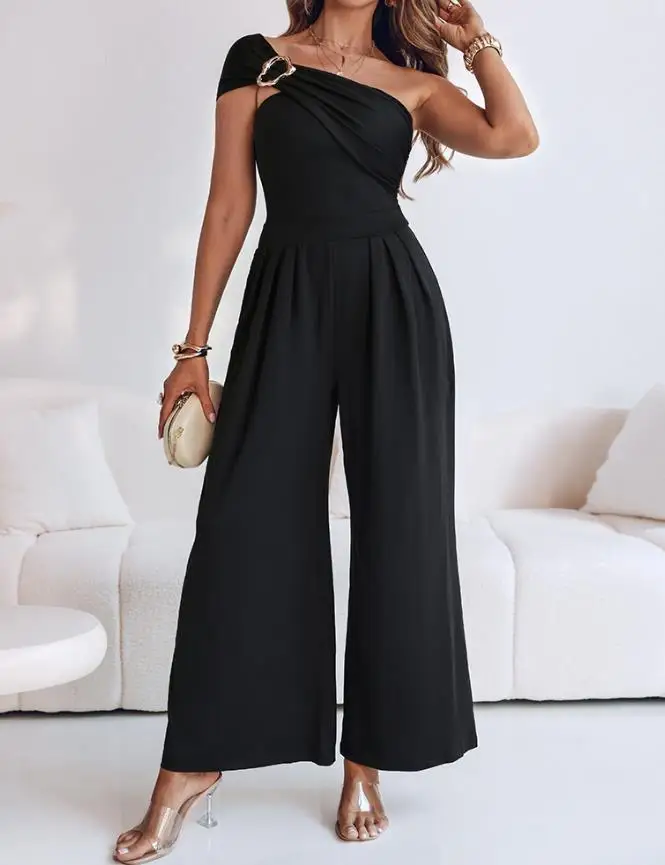 

2025 Metal Ring Decoration Monocline Collar High Waist Wide Leg Jumpsuit Summer Women's Fashionable and Elegant Jumpsuit
