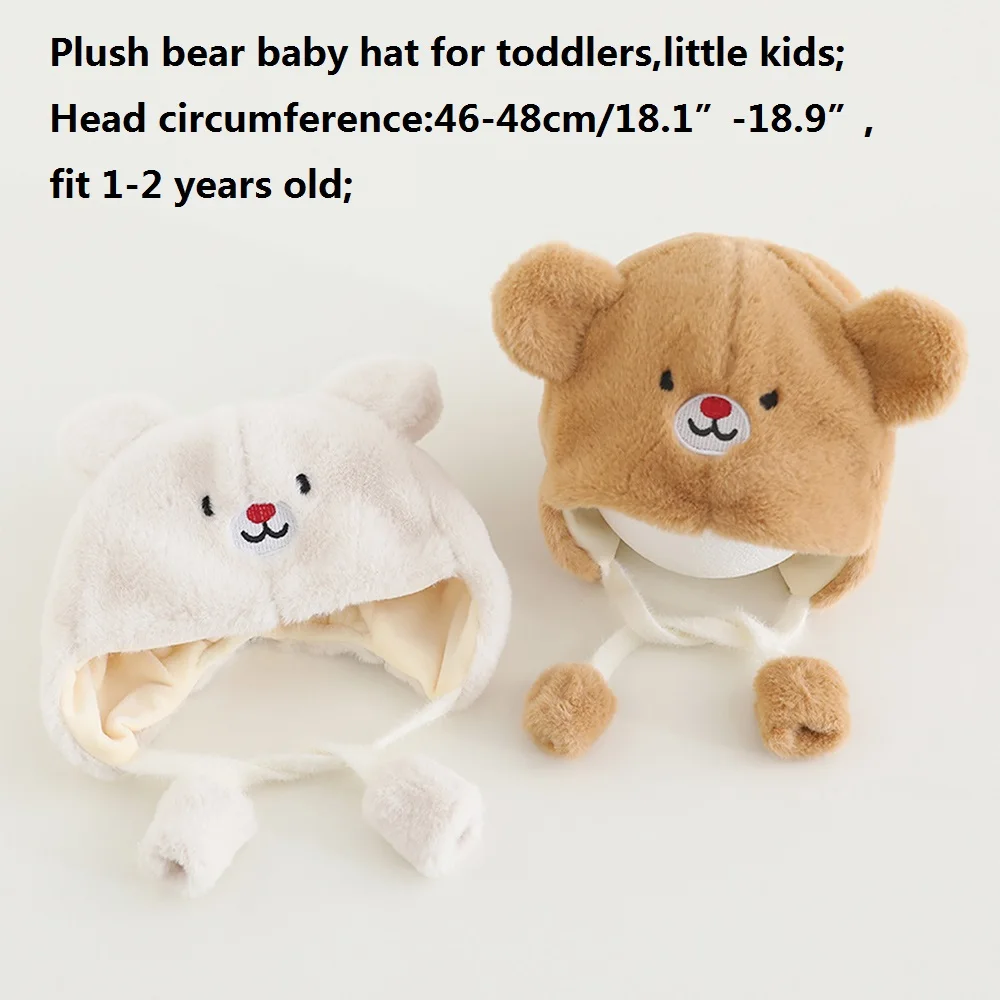 New Winter Cartoon Bear Plush Baby Hat for Girls Boys Toddler Pompom Ball Bonnet with Earmuffs Outdoor Kids Ear Protection Hat