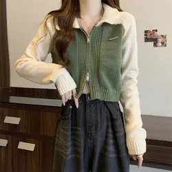American Retro Contrasting Color Design Niche Knitwear Women's Slimming Look Long Sleeved Short Jacket Small Top