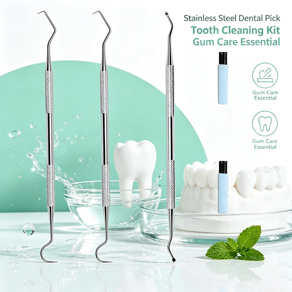 Oral Care Dental Tool, Stainless Steel Double End Design, Non-slip Handle Dental Cleaning Instrument for Home Oral Care