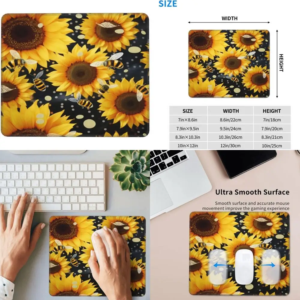 

Sunflower and Bees Patterned Gaming Mouse Pad, 7.9 x 9.5 Inches, with Stitched Edges and Anti-Slip Rubber Base